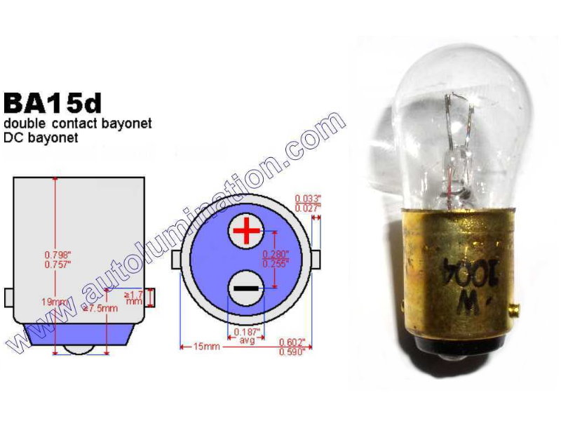 #1004, Miniature Bulb, Ba15d Base, 12.8 Volt, 0.94 Amp, 12 Watt, B6, SC Bayonet Base, 200 Hour