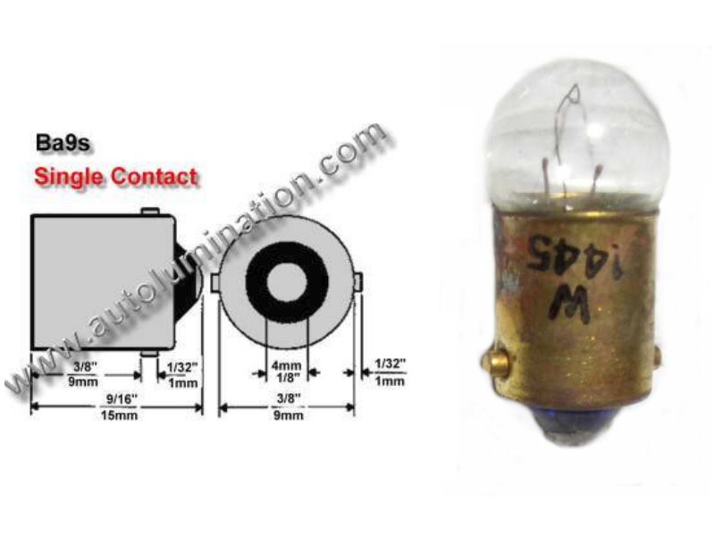 #1445, Miniature Bulb Ba9S Base, 14.4 Volt, 0.135 Amp, 1.872 Watt, G3-1/2 Miniature Bayonet, BA9S Base, C-2V Filament Design, 0.70 MSCP, 2,000 Average Rated Hours, 0.94