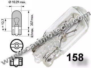  #158, 158 (Single Circuit),  12v, T10, T3-1/4, MINIATURE BULB GLASS WEDGE BASE, 14 Volt, .24 Amp, 3.36 Watt, T3-1/4, Glass Wedge Base Miniature Bulb, 2.0 MSC C-2V Filament Design, 500 Average Rated Hours, 1.06