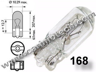 #168, 168 (Single Circuit),  12v, T10, T3-1/4, MINIATURE BULB GLASS WEDGE BASE,  14 Volt .35, Amp, 4.9 Watt, T3-1/4 Glass Wedge Base Miniature Bulb, 3.0 MSCP C-2F Filament Design, 1,500 Average Rated Hours,1.06
