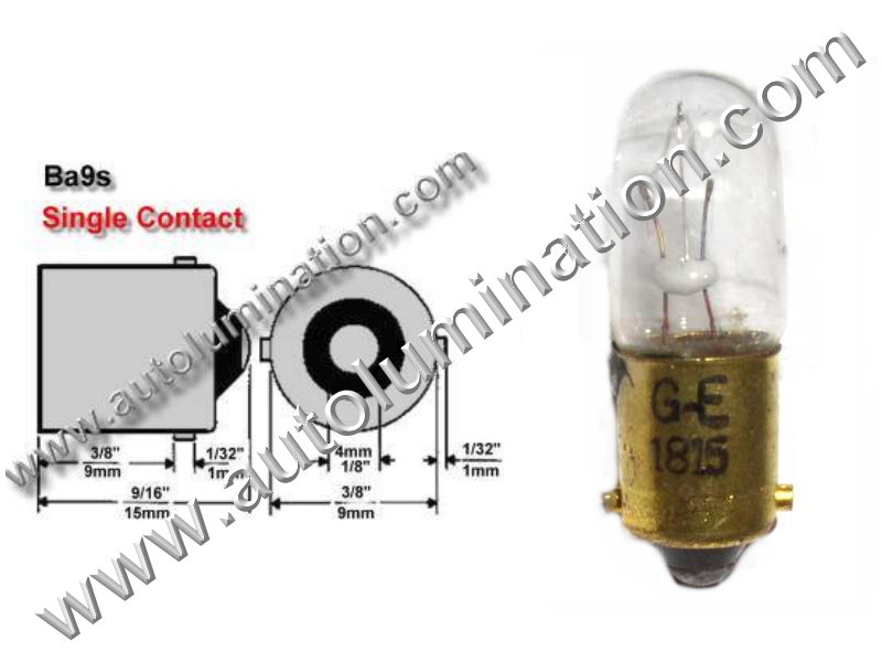 #1815, Miniature Bulb Ba9S Base, 14.0 Volt, .24 Amp, 3.36 Watt, T10, Miniature Bayonet, Ba9S Base, 2.0 MSCP C-2V Filament Design, 500 Average Rated Hours, 1.06