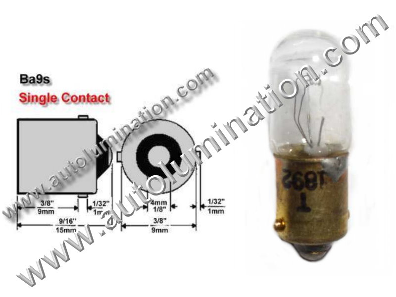 #1892, Miniature Bulb Ba9S Base, 14.0 Volt, .24 Amp, 3.36 Watt, T10, Miniature Bayonet, Ba9S Base, 2.0 MSCP C-2V Filament Design, 500 Average Rated Hours, 1.06