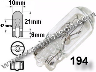 #194, 194 (Single Circuit),  12v, T10, T3-1/4, Miniature Bulb Glass Wedge Base, 14 Volt, 0.27 Amp, 3.78 Watt, T3-1/4 Miniature Wedge Base, 2.0 MSCP, C-2F Filament Design, 2,500 Average Rated Hours, 1.06