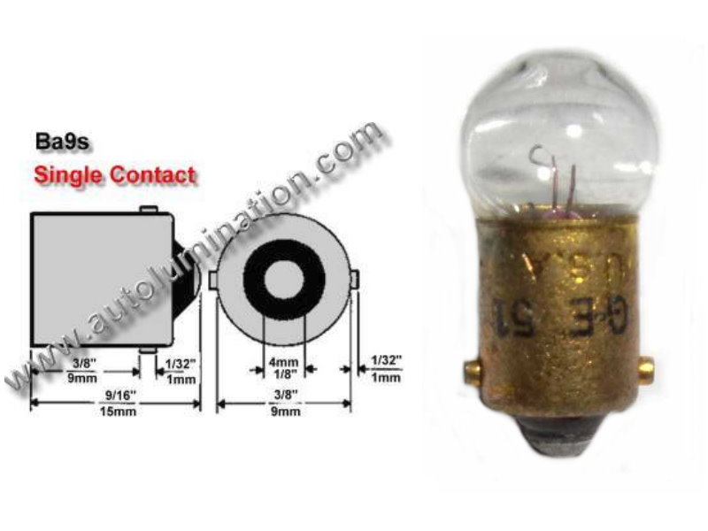 #51, Miniature Bulb, Ba9S Base, 7.5 Volt, 0.22 Amp, 1.65 Watt, G3-1/2, Miniature Bayonet (BA9S) Base, C-2R Filament Design, 1.0 MSCP, 0.94