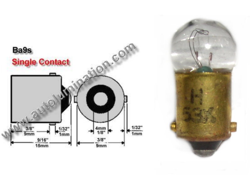 #53, MINIATURE BULB, BA9S BASE, 14.4 Volt, 0.12 Amp, 1.728 Watt, G3-1/2 Miniature Bayonet, BA9S Base, C-2V Filament Design, 1.0 MSCP, 0.94