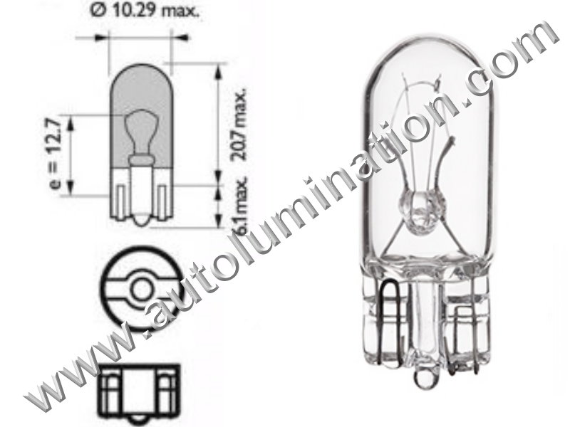 #555, 555,147, 259, 285, 447, T10, T3-1/4, Miniature Bulb Glass Wedge Base, 6.3 Volt, .25 Amp, 1.575 Watt, T3-1/4, Glass Wedge Base, Miniature Bulb, 0.9 MSCP, C-2R Filament Design, 3,000 Average Rated Hours, 1.06