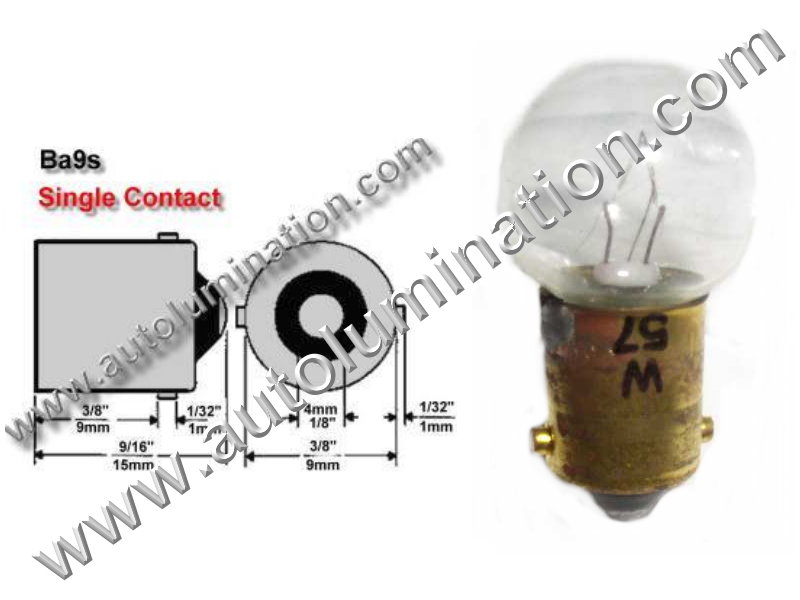 #57, Miniature Bulb Ba9S Base, 14.0 Volt, .24 Amp, 3.36 Watt, G4-1/2, Miniature Bayonet, Ba9S Base, 2.0 MSCP C-2V Filament Design, 500 Average Rated Hours, 1.06