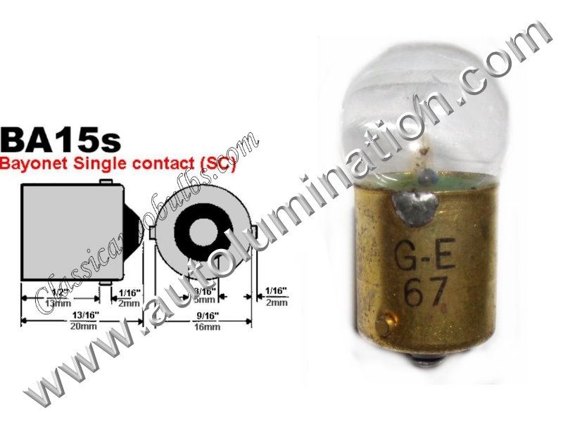 #67 MINIATURE BULB BA15S BASE, G6, G18, G18.5, 6.5 Volt, .5 Amp, G-6, Single Contact (SC) Bayonet (BA15S) Base, C-6 Filament Design, 6.0 MSCP, 1.44