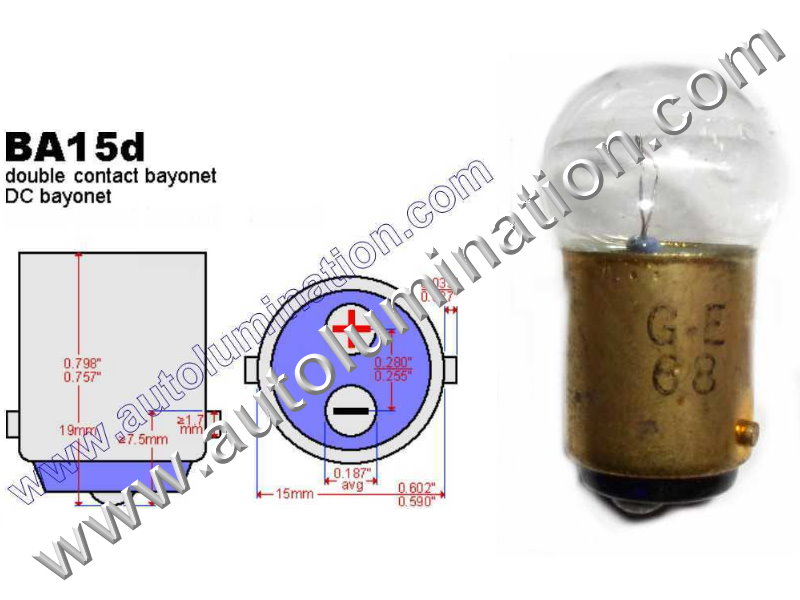 #68 MINIATURE BULB Ba15d BASE, G6, G18, G18.5, 6.5 Volt, .5 Amp, G-6, Single Contact (SC) Bayonet (Ba15d) Base, C-6 Filament Design, 6.0 MSCP, 1.44