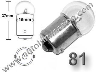 #81 MINIATURE BULB BA15S BASE, G6, G18, G18.5, 6.5 Volt, 1.02 Amp, G-6, Single Contact (SC) Bayonet (BA15S) Base, C-6 Filament Design, 6.0 MSCP, 1.44