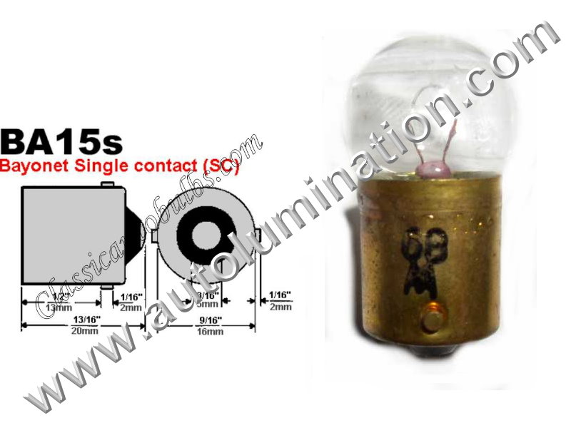 #89 MINIATURE BULB BA15S BASE, G6, G18, G18.5, 6.5 Volt, .5 Amp, G-6, Single Contact (SC) Bayonet (BA15S) Base, C-6 Filament Design, 6.0 MSCP, 1.44