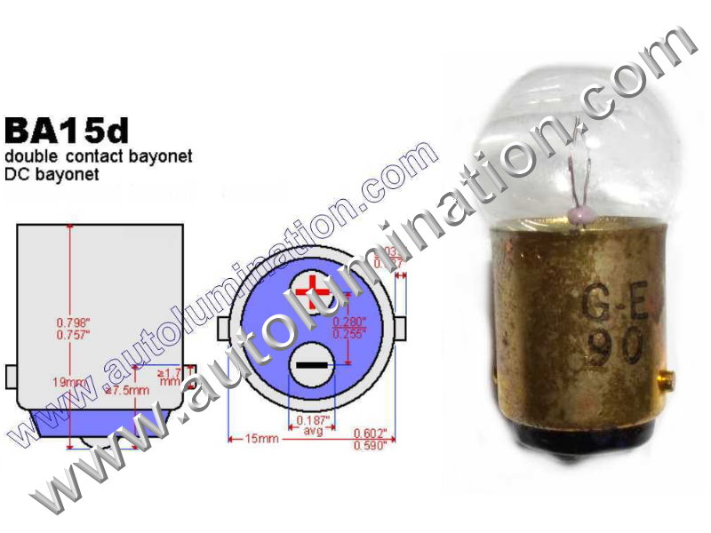 #90 MINIATURE BULB Ba15d BASE, G6, G18, G18.5, 6.5 Volt, .5 Amp, G-6, Single Contact (SC) Bayonet (Ba15d) Base, C-6 Filament Design, 6.0 MSCP, 1.44