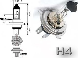 #H4, Headlight, Head Light Bulb, Glass Halogen, 6.3 Volt, .9 Amp, 55 Watt, P14.5s, Glass Halogen Base